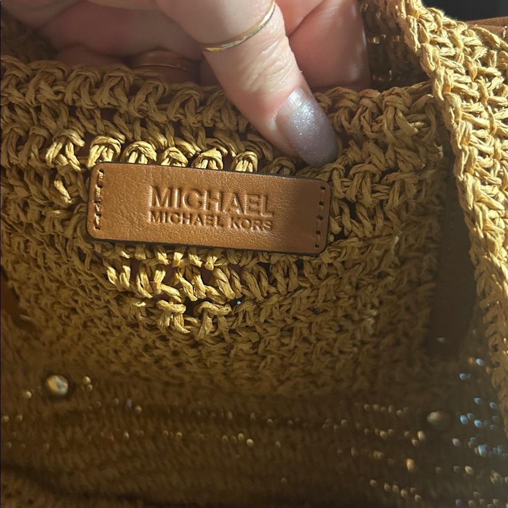 Michael‎ Kors Natural Raffia Woven Tote Leather Detail - Picture 4 of 6